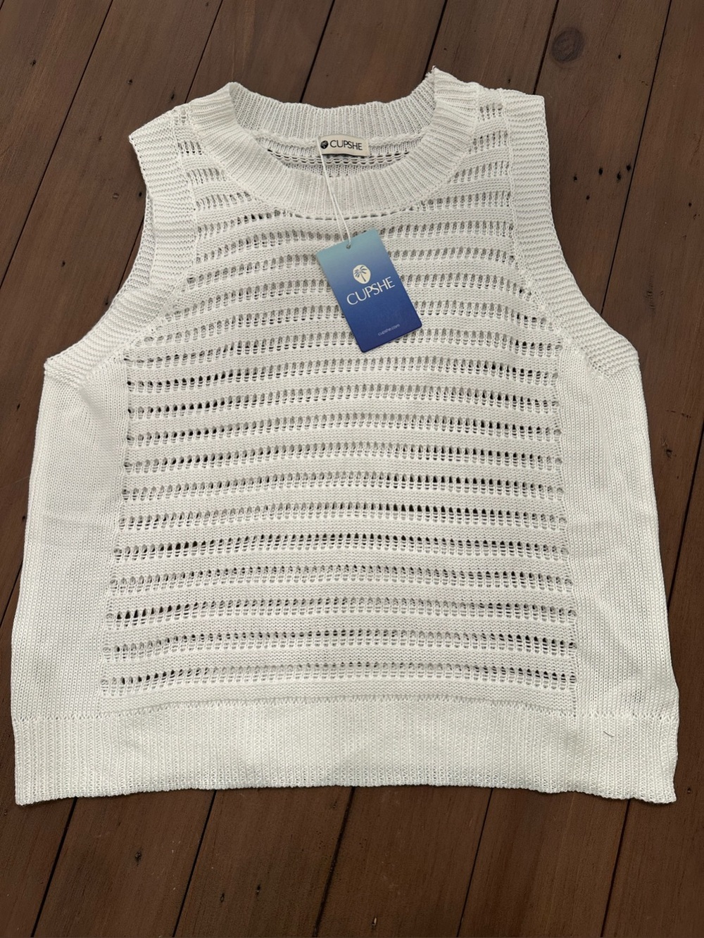 NEW Cupshe Womens White Open Knit Crochet Sweater Tank Mesh Beach Coverup Top M